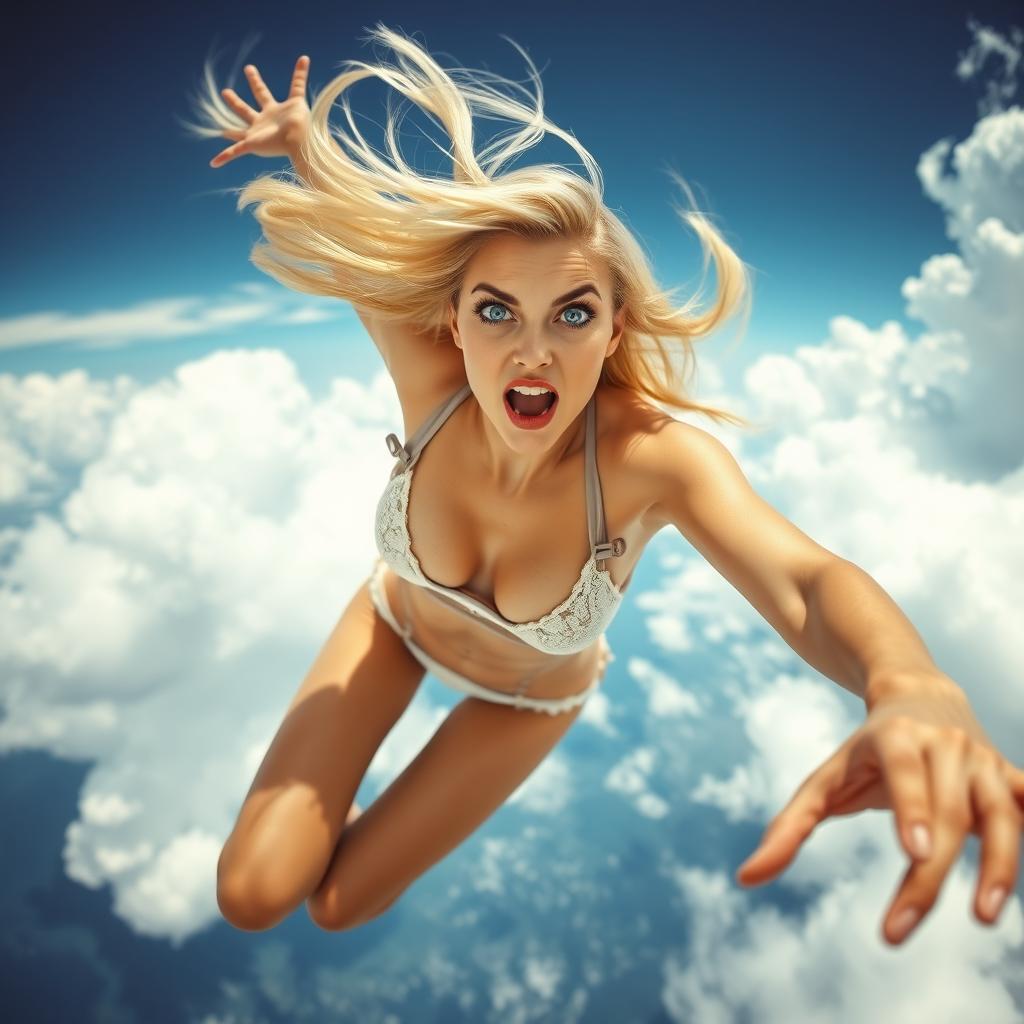 A beautiful blonde woman with striking blue eyes and vibrant red lips, wearing a tiny bikini, falling gracefully from the sky