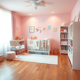 A beautifully designed baby pink nursery room, featuring soft pastel walls with a warm glow