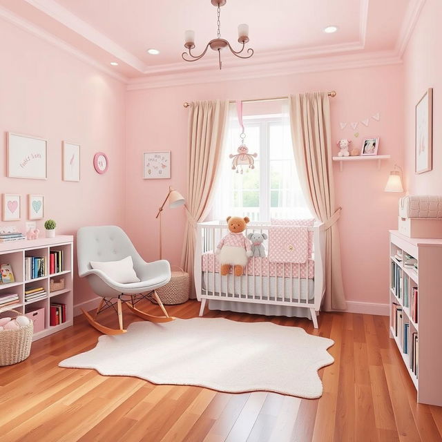 A beautifully designed baby pink nursery room, featuring soft pastel walls with a warm glow