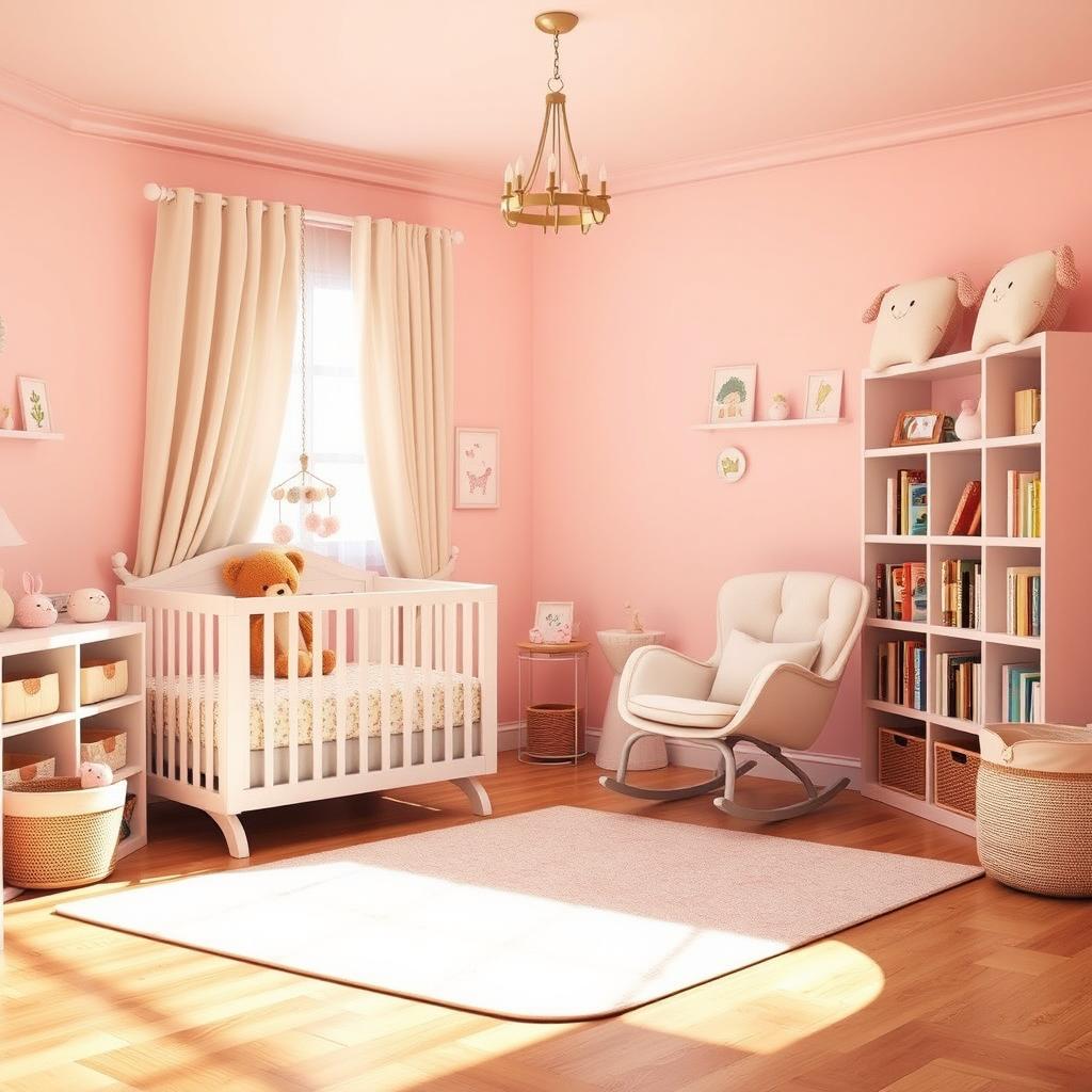 A beautifully designed baby pink nursery room, featuring soft pastel walls with a warm glow