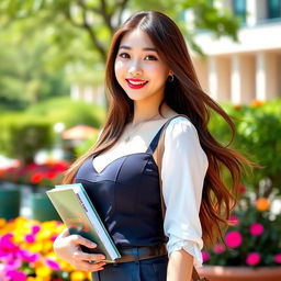 A beautiful Chinese university student with large round breasts, dressed in a stylish outfit that accentuates her curves