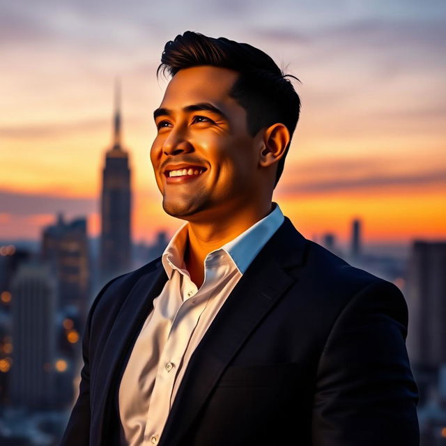 A strong, confident man standing against a city skyline at dusk