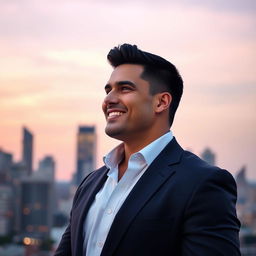 A strong, confident man standing against a city skyline at dusk