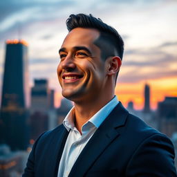 A strong, confident man standing against a city skyline at dusk