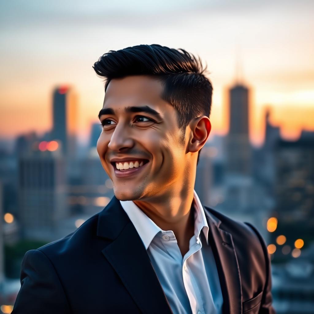 A strong, confident man standing against a city skyline at dusk