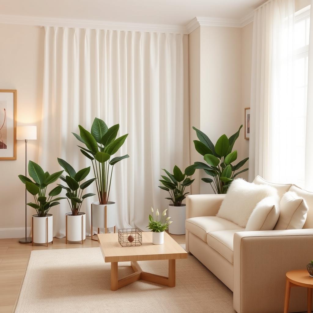 A beautifully designed light color room featuring soft pastel hues on the walls, complemented by airy, flowing white curtains