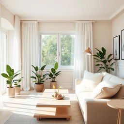 A beautifully designed light color room featuring soft pastel hues on the walls, complemented by airy, flowing white curtains