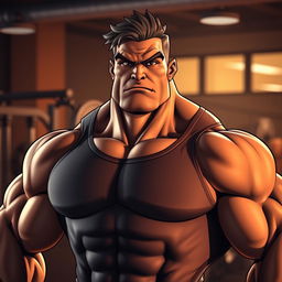 A muscular figure featuring a thick neck, showcasing defined muscles and a strong jawline