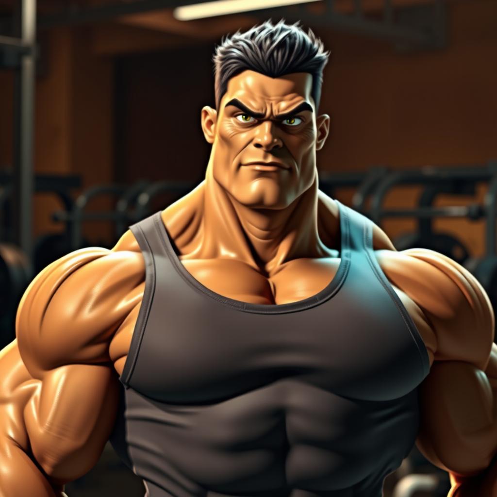 A muscular figure featuring a thick neck, showcasing defined muscles and a strong jawline