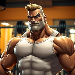 A muscular figure featuring a thick neck, showcasing defined muscles and a strong jawline