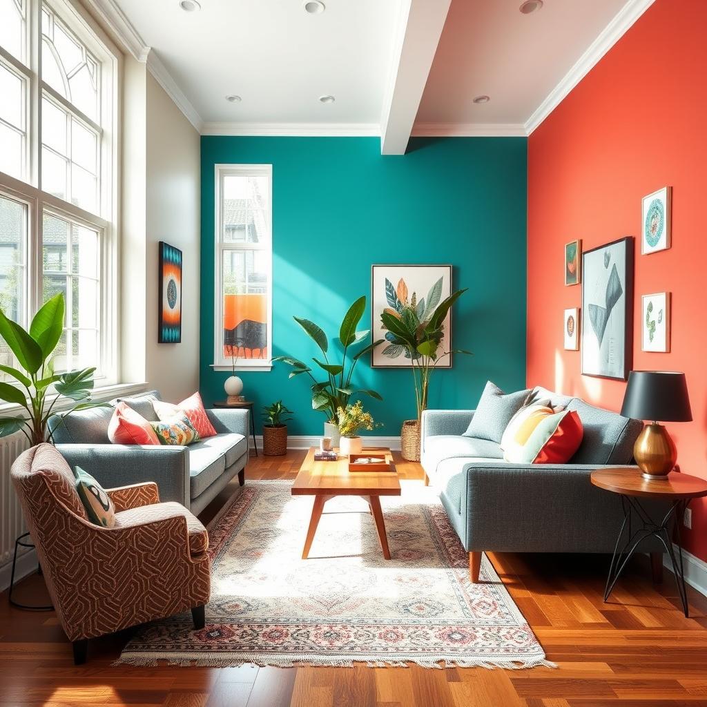 A beautifully designed color room showcasing a unique color palette, featuring vibrant walls painted in shades of teal and coral
