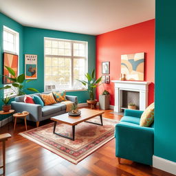 A beautifully designed color room showcasing a unique color palette, featuring vibrant walls painted in shades of teal and coral