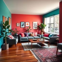 A beautifully designed color room showcasing a unique color palette, featuring vibrant walls painted in shades of teal and coral