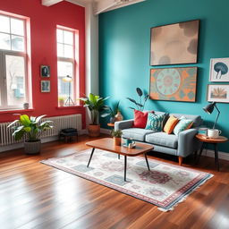 A beautifully designed color room showcasing a unique color palette, featuring vibrant walls painted in shades of teal and coral