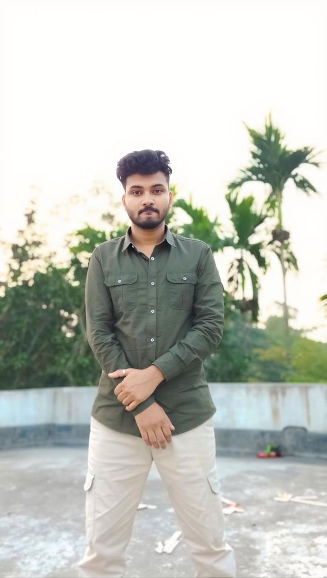 A young man with a thick neck, standing confidently in an urban outdoor setting