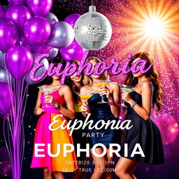 An invitation for a vibrant 'Euphoria Party' themed birthday celebration, featuring sparkling glitter and colorful neon bracelets