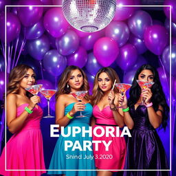 An invitation for a vibrant 'Euphoria Party' themed birthday celebration, featuring sparkling glitter and colorful neon bracelets