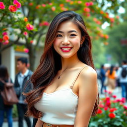 A gorgeous Chinese university student with very large round breasts, showcasing a playful and flirtatious personality