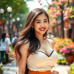 A gorgeous Chinese university student with very large round breasts, showcasing a playful and flirtatious personality