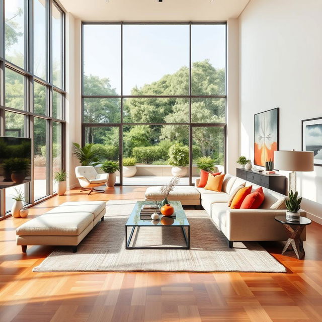 A beautifully designed modern living room with an open layout, featuring soft neutral tones, a large plush sectional sofa with colorful throw pillows, a sleek coffee table with a glass top, and an elegant area rug