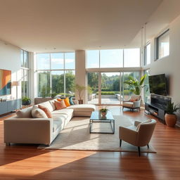 A beautifully designed modern living room with an open layout, featuring soft neutral tones, a large plush sectional sofa with colorful throw pillows, a sleek coffee table with a glass top, and an elegant area rug