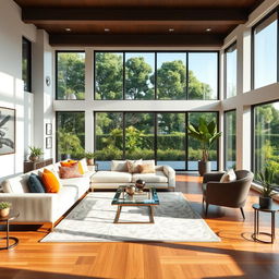 A beautifully designed modern living room with an open layout, featuring soft neutral tones, a large plush sectional sofa with colorful throw pillows, a sleek coffee table with a glass top, and an elegant area rug