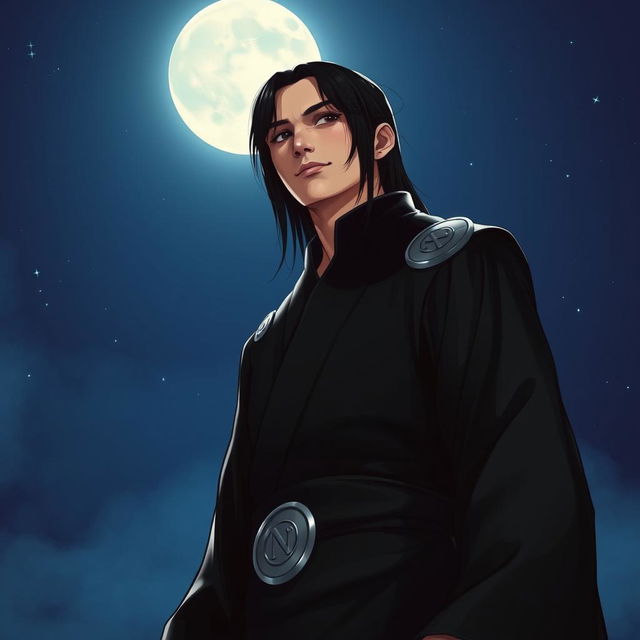 A tall man with straight black hair, black eyes, and fair skin, dressed in an elegant long black robe with long sleeves