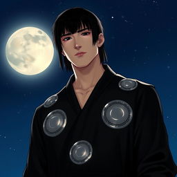 A tall man with straight black hair, black eyes, and fair skin, dressed in an elegant long black robe with long sleeves