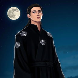 A tall man with straight black hair, black eyes, and fair skin, dressed in an elegant long black robe with long sleeves