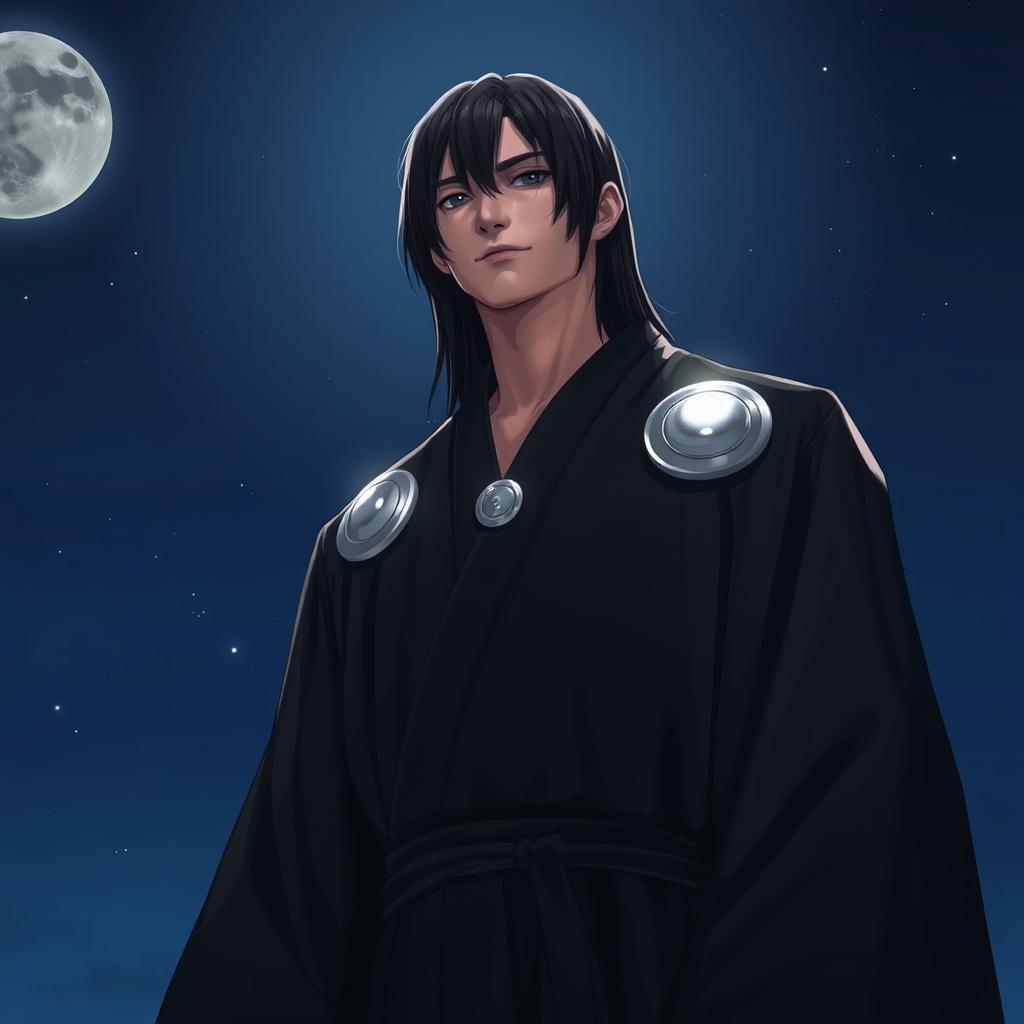 A tall man with straight black hair, black eyes, and fair skin, dressed in an elegant long black robe with long sleeves