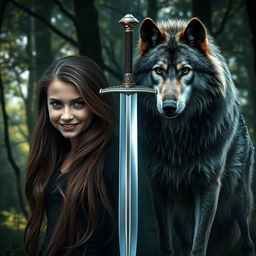 A striking image featuring a gleaming silver sword positioned centrally, with a fierce gray wolf standing majestically on the right side