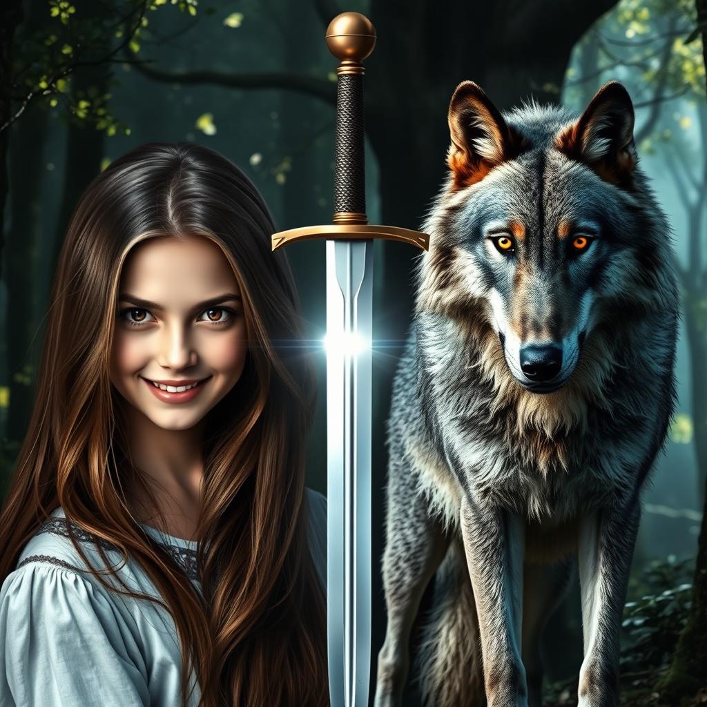 A striking image featuring a gleaming silver sword positioned centrally, with a fierce gray wolf standing majestically on the right side