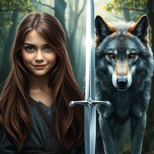 A striking image featuring a gleaming silver sword positioned centrally, with a fierce gray wolf standing majestically on the right side