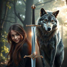 A striking image featuring a gleaming silver sword positioned centrally, with a fierce gray wolf standing majestically on the right side