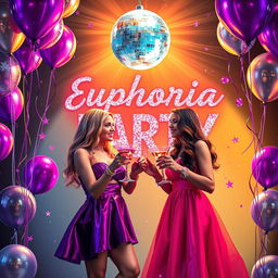 An invitation for a lively 'Euphoria Party' birthday celebration, adorned with sparkling glitters and vibrant neon bracelets
