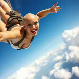 A sexy bald woman in a tiny bikini with blue eyes and striking red lips, captured mid-fall from the sky