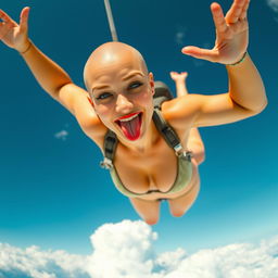 A sexy bald woman in a tiny bikini with blue eyes and striking red lips, captured mid-fall from the sky