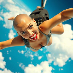 A sexy bald woman in a tiny bikini with blue eyes and striking red lips, captured mid-fall from the sky