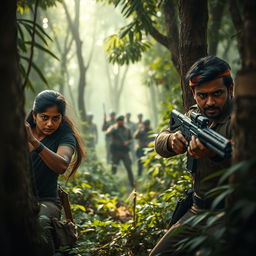 A dramatic scene set in a dense forest, featuring Ashika Ranganath and Sree Vishnu dressed as Naxalites