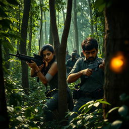 A dramatic scene set in a dense forest, featuring Ashika Ranganath and Sree Vishnu dressed as Naxalites