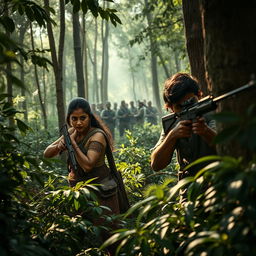 A dramatic scene set in a dense forest, featuring Ashika Ranganath and Sree Vishnu dressed as Naxalites
