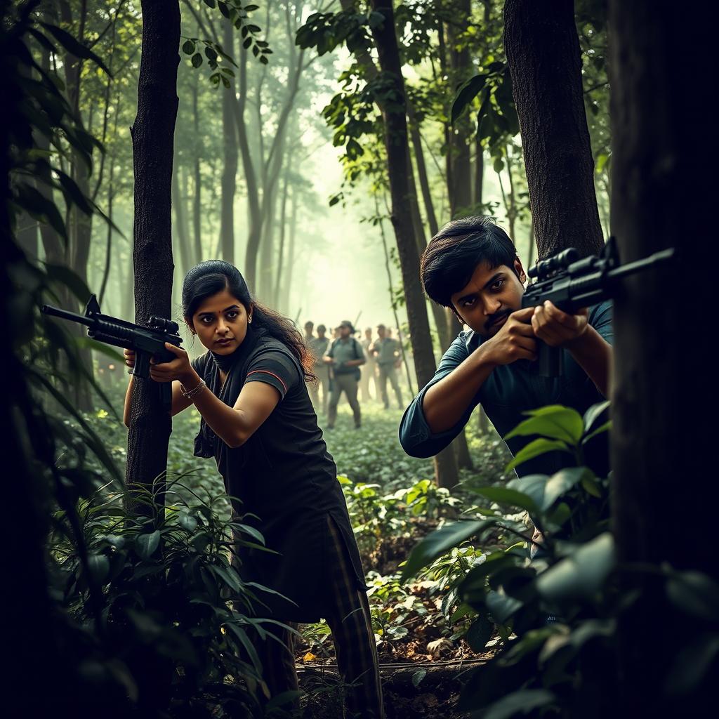 A dramatic scene set in a dense forest, featuring Ashika Ranganath and Sree Vishnu dressed as Naxalites
