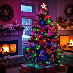 A beautifully decorated Christmas tree adorned with vibrant multi-colored lights, shimmering ornaments, and a star on top