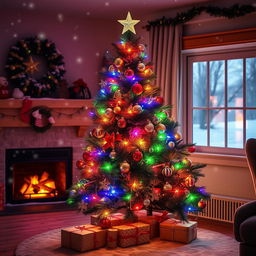 A beautifully decorated Christmas tree adorned with vibrant multi-colored lights, shimmering ornaments, and a star on top