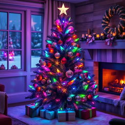 A beautifully decorated Christmas tree adorned with vibrant multi-colored lights, shimmering ornaments, and a star on top