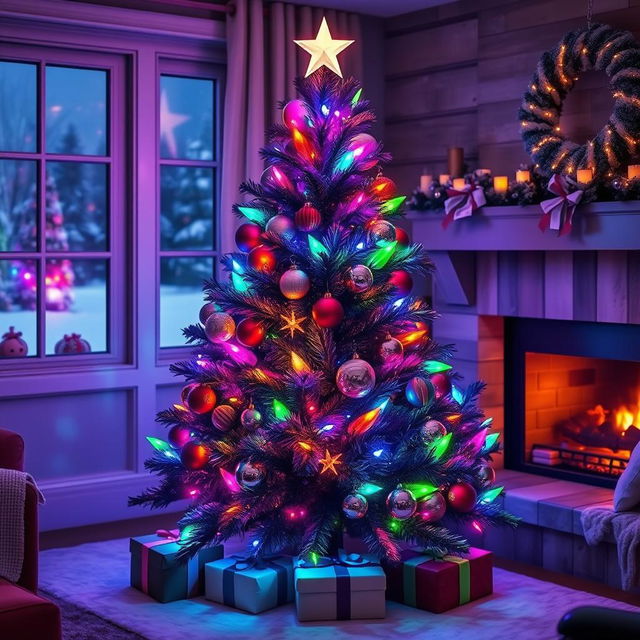 A beautifully decorated Christmas tree adorned with vibrant multi-colored lights, shimmering ornaments, and a star on top