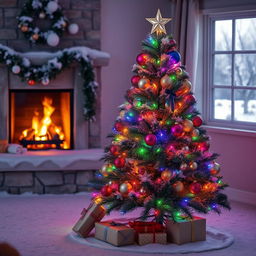 A beautifully decorated Christmas tree adorned with vibrant multi-colored lights, shimmering ornaments, and a star on top