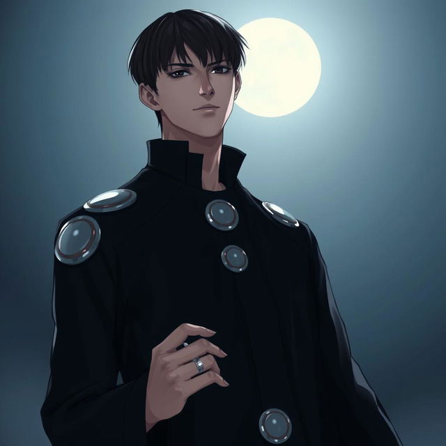 A tall man with straight short black hair and black eyes standing under the moonlight