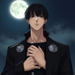 A tall man with straight short black hair and black eyes standing under the moonlight