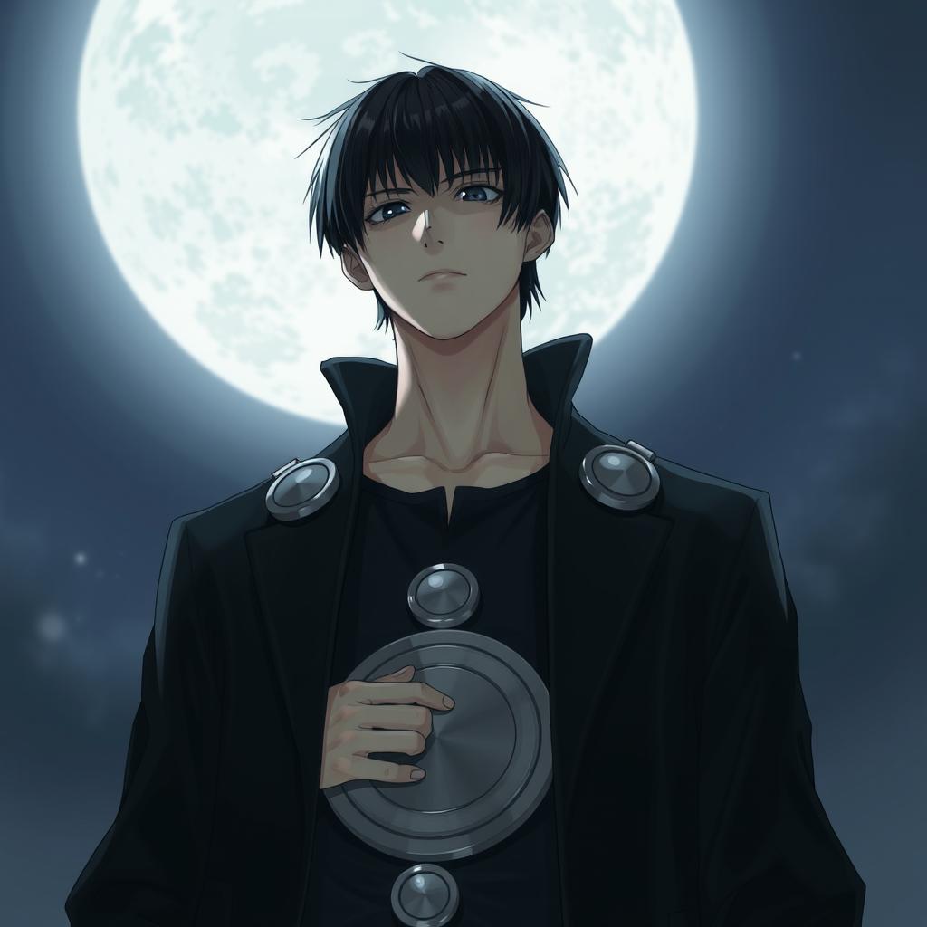 A tall man with straight short black hair and black eyes standing under the moonlight